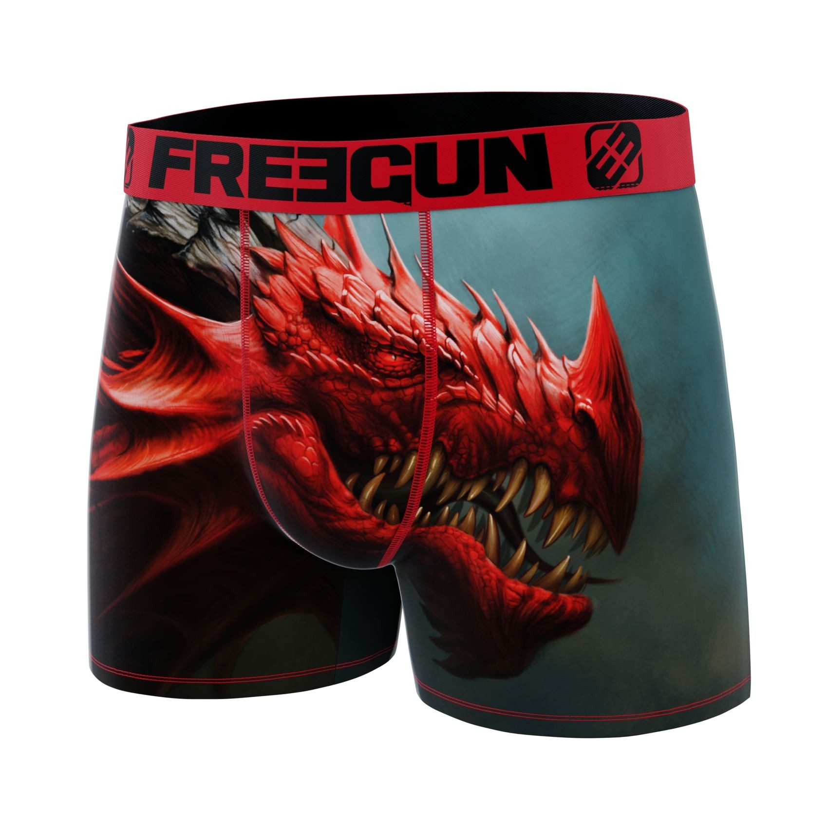 Boxer Homme FREEGUN - Imprimé Dragon, Bleu, 92% Polyester 8% élasthanne, Coupe Classique