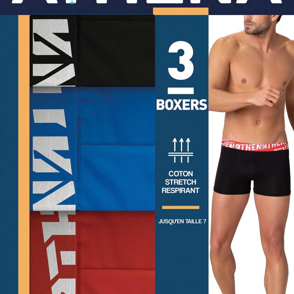 ATHENA - Lot de 3 boxers Homme easy sport Coton Noir Rouge Bleu