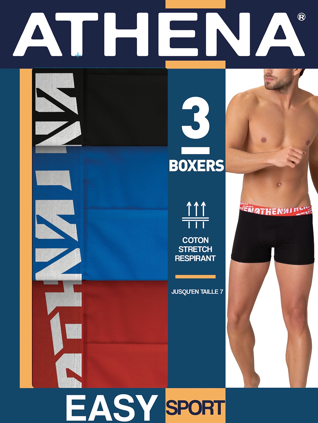 ATHENA - Lot de 3 boxers Homme easy sport Coton Noir Rouge Bleu ATHENA - Lot de 3 boxers Homme easy sport Coton Noir Rouge Bleu