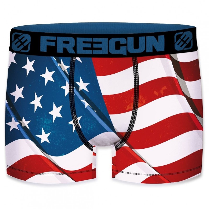 FREEGUN Calecon Boxer Homme Microfibre Flag Noir Bleu Blanc Rouge Drapeau USA